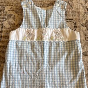 Blue Gingham Baby Romper with Embroidered Puppies